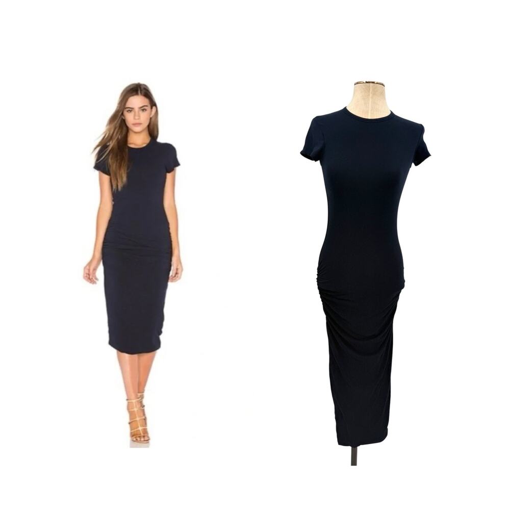 James Perse Classic Skinny Ruched T-Shirt Midi Dress Navy Blue Size 0 XS
